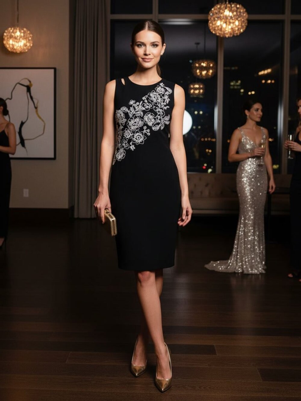 "Guess" Black Classic Dress With Cut-Out Back and Floral Embroidery Size SM